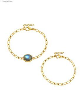 18K Gold Plated Paperclip Chain Bracelet Set with Labradorite
